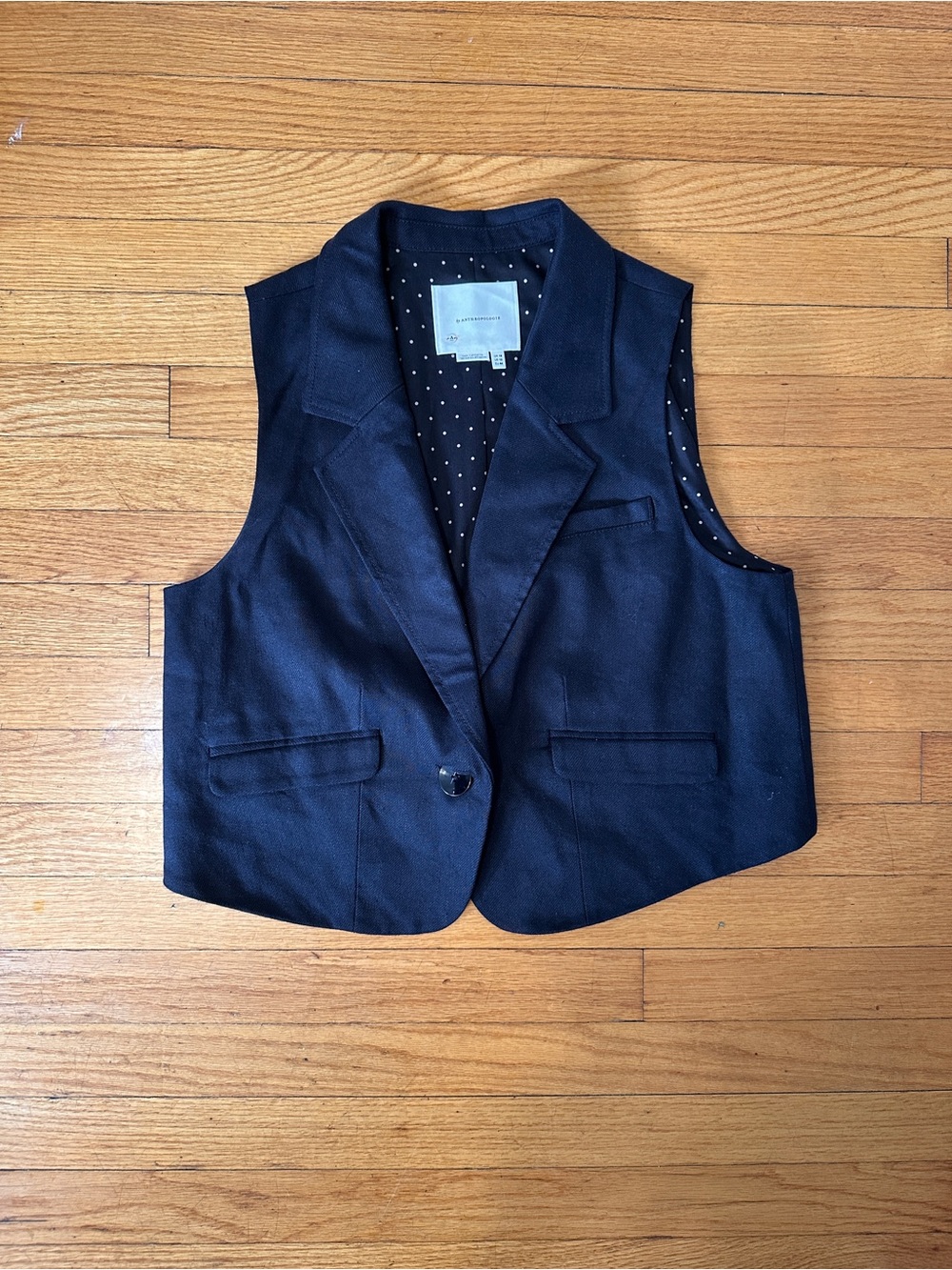 Anthropologie black Sleeveless Blazer Vest with Polka Dot Lining